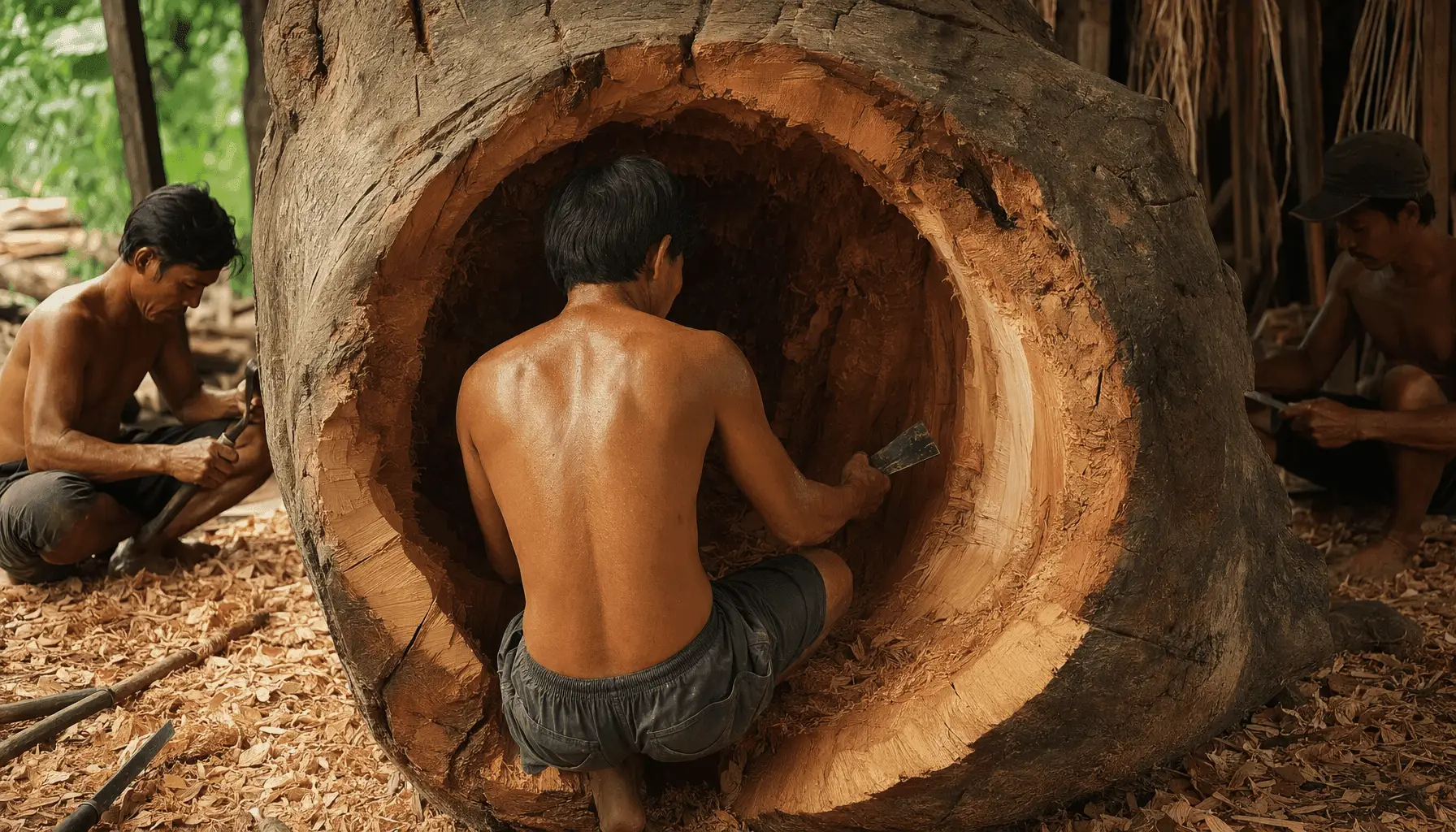 Thợ đang đục thân gỗ để làm ghe ngo